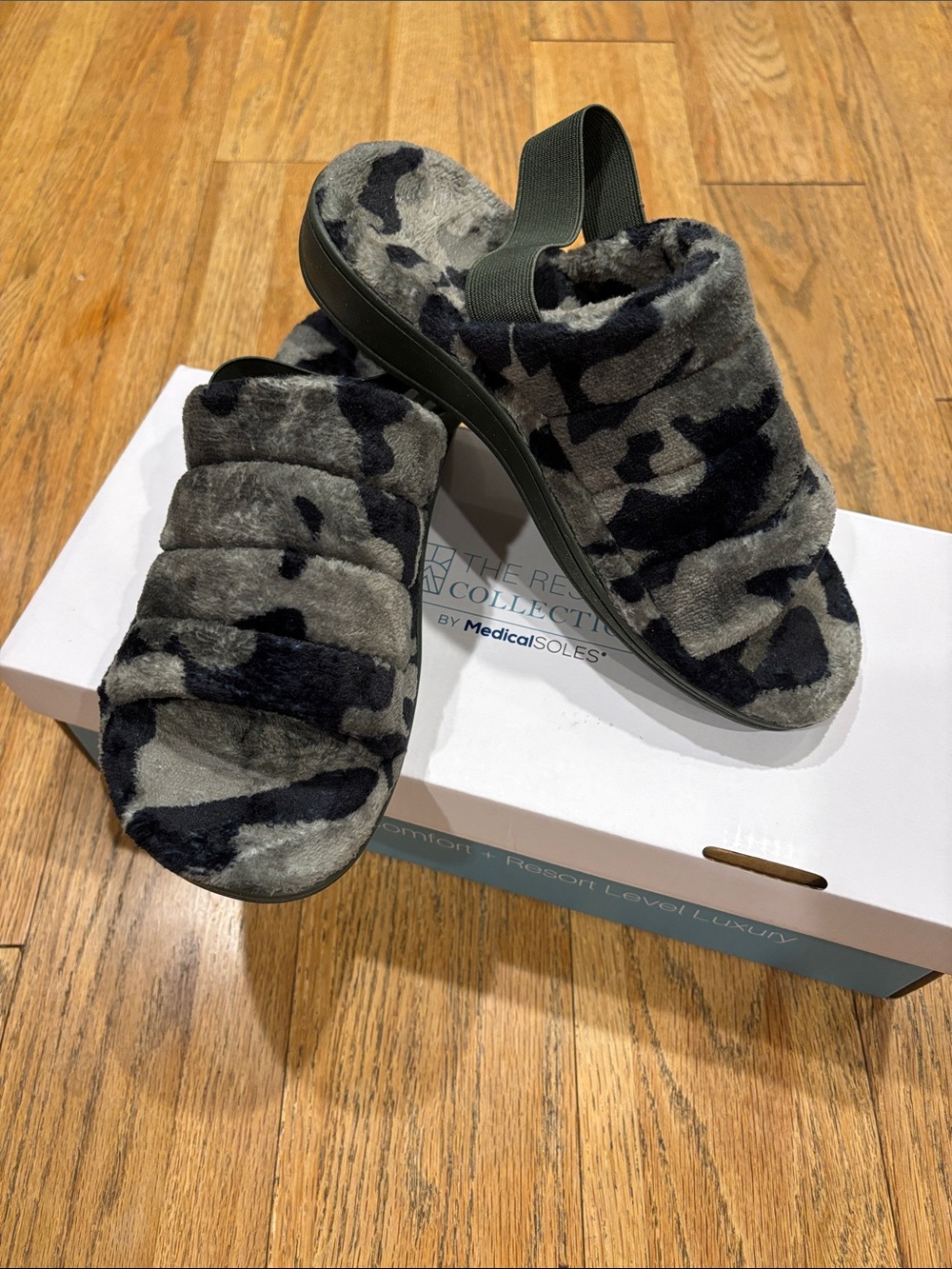 NWT Olive Cammo Fuzzy Slide Sandals